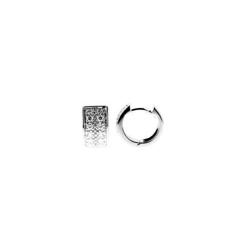 Sterling silver huggie earrings encrusted with cubic zirconia stones, 7mm wide and 12mm long.