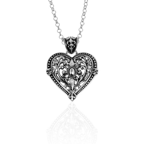 Giselle pendant is heart-shaped, ornate, floral design in sterling silver featuring a similarly ornate bale, 35mm long.