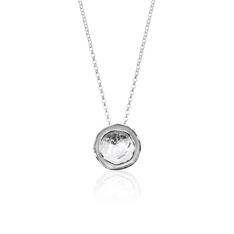 Round sterling silver slider pendant in a textured matt and high polish finish. The pendant is slightly concave, with polished edges giving the appearance of 2 layers., 15cm in diameter.