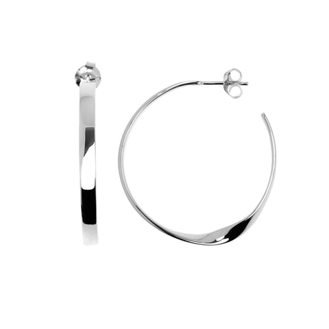 Sterling silver hoop earrings with a highly polished finish. They have a flat profile and a gentle twist - like a ribbon. 3.5mm wide and 36mm in diameter..