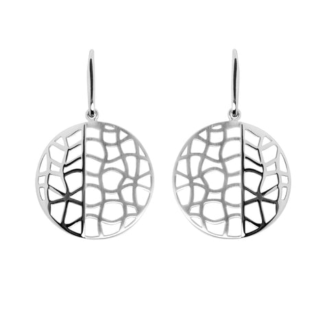 Alma earring is a sterling silver drop earring with cut-out mesh.