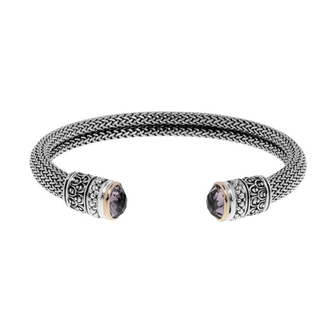 Maya bangle is a sterling silver mesh cuff bangle featuring Bolivian amethysts, 14ct yellow gold trims, and carved sterling silver detailing, ref 5376.