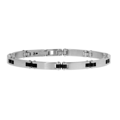 Mens two-tone stainless steel bracelet with satin finish links with black finish connectors and a secure, hinge clasp. Links slightly curved for comfort, 21cm long.