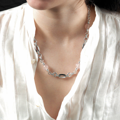 The Petra necklace from Anitka in Sterling Silver and Rose Quartz stones. Length 45cm with 5cm extension chain.