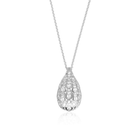 A sterling silver necklace from ANTIKA with a teardrop pendant inspired by the soft curves of the Art Nouveau period, on a sterling silver chain. The pendant is 30mm long and 26mm wide.  The necklace is 40cm long with a 5cm extension. 