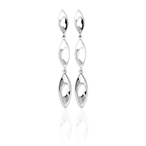 Three open, almond-shaped sterling silver links create a sophisticated drop earring from ANTIKA. The links are gently concave, and separated by a ring, enabling them to glimmer and move as you do. The top link conceals the post and butterfly behind the ear. 43mm long.