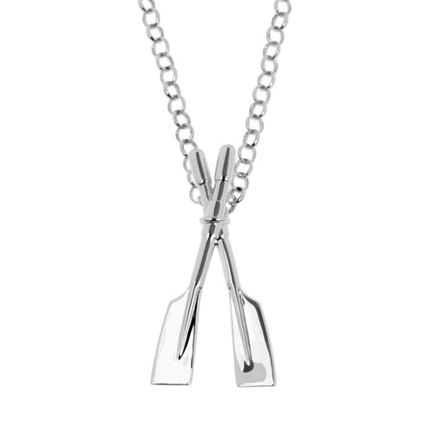 Rowing oars pendant is a sterling silver slider pendant - the bale is concealed behind the point where the oars cross. Pendant 26mm long. Chain sold separately.