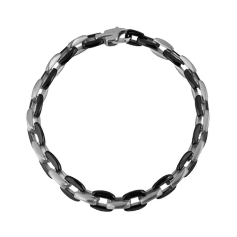 Stainless steel link bracelet from Antika with alternating matt and polished black PVD links, for large wrist. Made in Germany