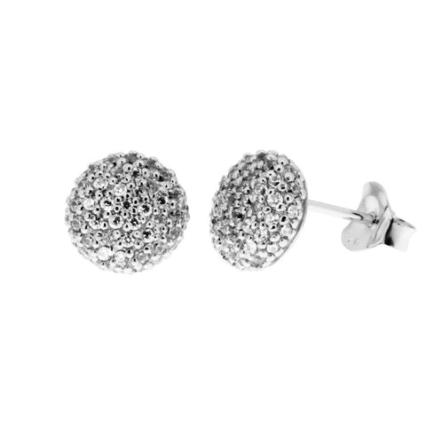Sterling silver button stud earrings covered with white cubic zirconias 10mm diameter, sitting on a table.