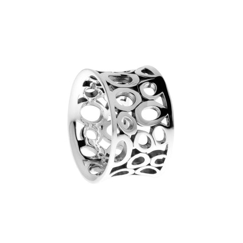 Groovy ring has oval cut-outs of various sizes carved from sterling silver. It's lightly convex, comfortable to wear and is 13mm wide.