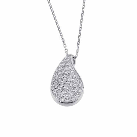 Sterling silver, tear-shaped, slightly bulbous slider pendant 23mm long, encrusted with cubic zirconias, perforated at the back to let light shine through, on a sterling silver chain, ref 7450.