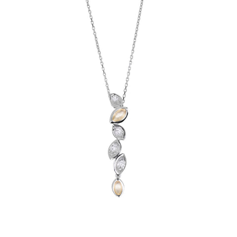 Valentina pendant in sterling silver, yellow gold, almond-shaped motifs, 42mm long.