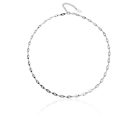 Osa choker necklace by ANTIKA, with open, almond-shaped links crafted in sterling silver. The necklace is 45cm + extension, and the links are gently concave each link measuring 10mm long & 4mm wide.