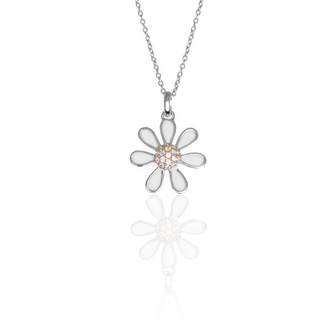 Sterling silver daisy with seven white enamel petals, with a centre of white cubic zirconia stones finished with 14k yellow gold, 17mm diameter, on silver chain.