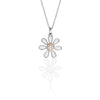 Sterling silver daisy with seven white enamel petals, with a centre of white cubic zirconia stones finished with 14k yellow gold, 17mm diameter, on silver chain.
