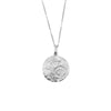 Lido pendant is a round, sterling silver pendant with a textured matt finish with a shell fossil (or ammonite) imprint, 20cm in diameter.