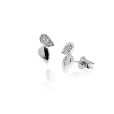 Sterling silver stud earrings with a highly polished tear drop and one featuring white cubic zirconia stones, 11mm long.