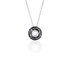 Round, slider pendant in sterling silver and metallic black enamel with decorative swirls of silver and a cut-out centre with an inner surround of white cubic zirconia stones, 17mm in diameter.