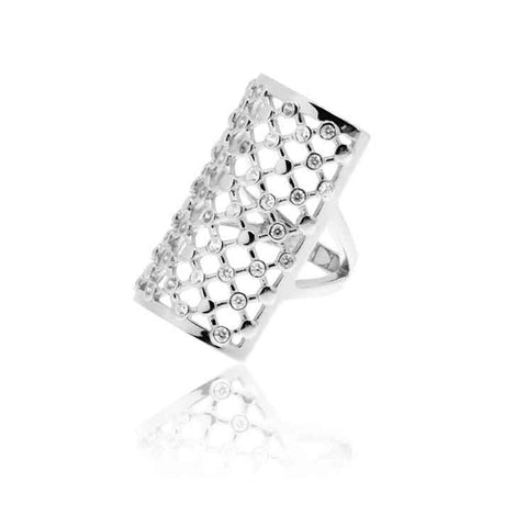 Long, womens, sterling silver ring with with an intricate cut-out lattice pattern with white cubic zirconias at some of the lattice junctions. The ring has a slight curve to fit snug around the finger, 28mm long, from ANTIKA.