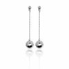 Long sterling silver earrings featuring highly polished balls on chains, studded with white cubic zirconia stones, 55mm long.