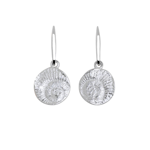 Lido sterling silver drop earrings with shell fossil imprint which hang from a small bar that conceals the post and butterfly behind.