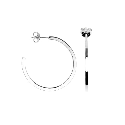 Mia earrings are sterling silver hoop earrings with a square profile, 34mm in diameter.