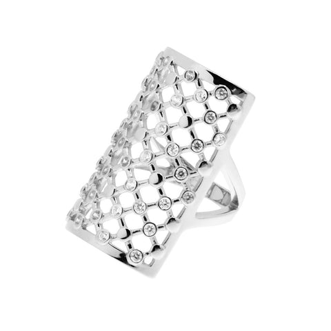 Long, womens, sterling silver ring with with an intricate cut-out lattice pattern with white cubic zirconias at some of the lattice junctions. The ring has a slight curve to fit snug around the finger, 28mm long, ref 7473.