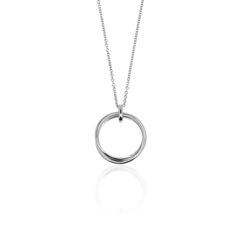 Three interlocking rings of sterling silver on an oval-link sterling silver chain.  Wear long on an 80cm oval-link chain for great effect. Pendant diameter is 25mm.
