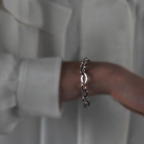 Roxane bracelet from Antika. Sixteen sterling silver, almond-shaped links, 19cm long.