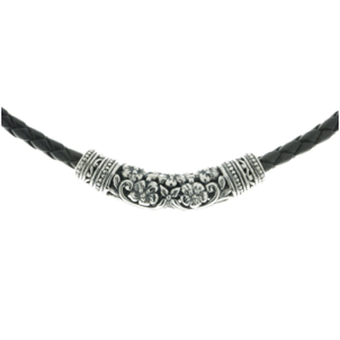 Kelly necklace has an intricately carved sterling silver bead on a woven black vinyl choker, 42cm long.