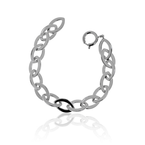 Unique and beautifully crafted bracelet from Antika. 16 sterling silver, open, almond-shaped links form this 19cm long bracelet. Made of sterling silver with a protective layer of rhodium. Links are 15mm long x 6mm wide and weighs about 20 grams. Has a high polished finish with a ring bolt closure.