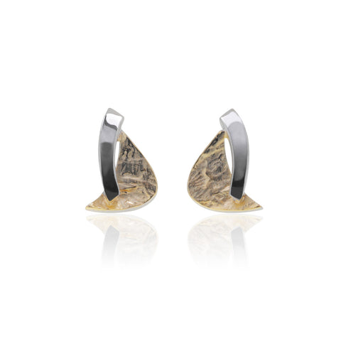 Sterling silver and yellow gold stud earrings from Antika. 15mm x 10mm wide with a combined finish of highly polished silver and textured, matt finish to gold.  Made in Germany.