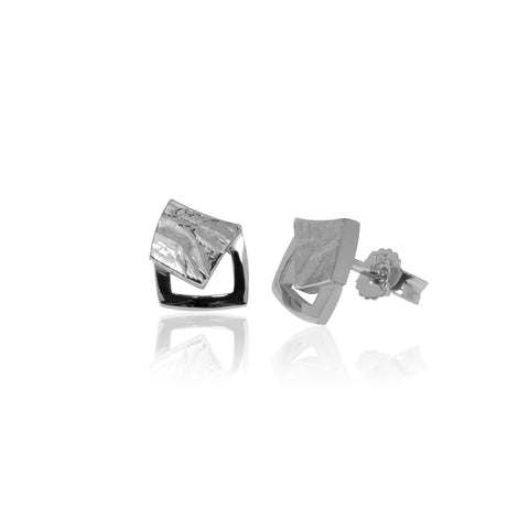 Sterling silver stud earrings with cut-outs from Antika. The earrings have a combination of textured matt and high polish finish. 10mm x 11mm, and up to 2mm thick. Made in Germany.