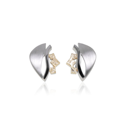 Sterling silver and yellow gold stud earrings from Antika. Gentle curvature to front. Combined matt, high polish and textured finish. 12mm x 9mm. Made in Germany.