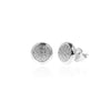 Round sterling silver stud earrings with white cubic zirconias studded within a textured surface, 9mm in diameter.