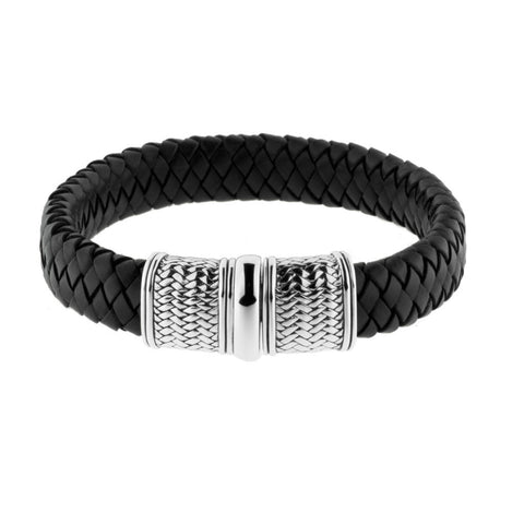 Mens wide braided black leather bracelet 12mm wide, with feature clasp in woven sterling silver, ref 6505. 
