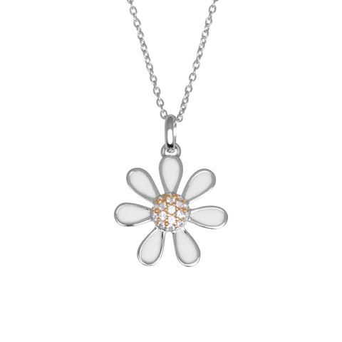 Sterling silver daisy with seven white enamel petals, with a centre of white cubic zirconia stones finished with 14k yellow gold, 17mm diameter, threaded on silver chain, ref 7448.