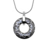 Womens sterling silver ring pendant with silvery grey enamel and sterling silver patterning, 22mm diameter, threaded on a silver Giotto chain, ref 7368g. 