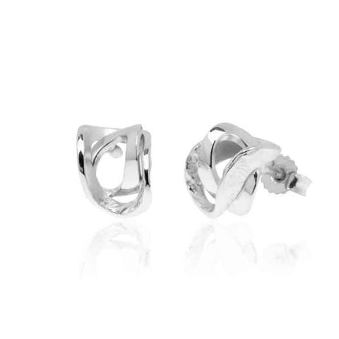 Sterling silver stud earrings with entwined elliptical rings in part matt and textured finish, and part high polish finish., 9mm wide, 11mm long.