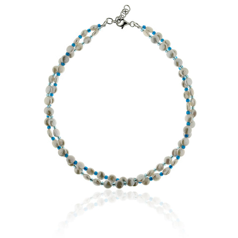 Choker necklace with two twisted strands of freshwater pearls and pale blue glass beads.