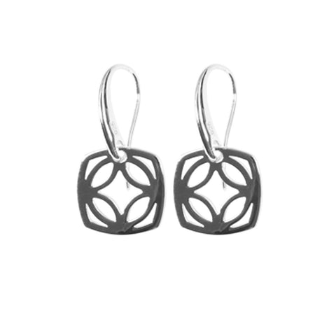 Womens sterling silver drop earring 14mm square with cut-out flower motif, 14mm across.